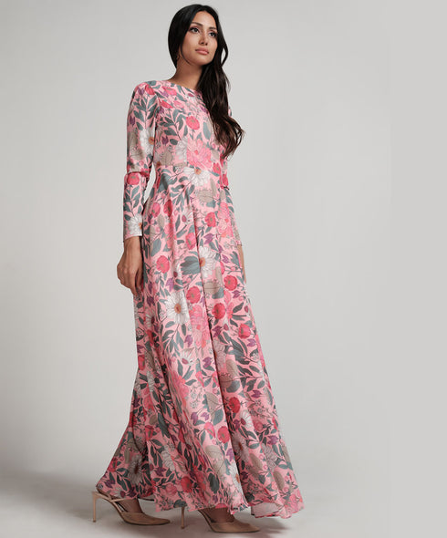 Long Sleeve Printed Chiffon Maxi Dress